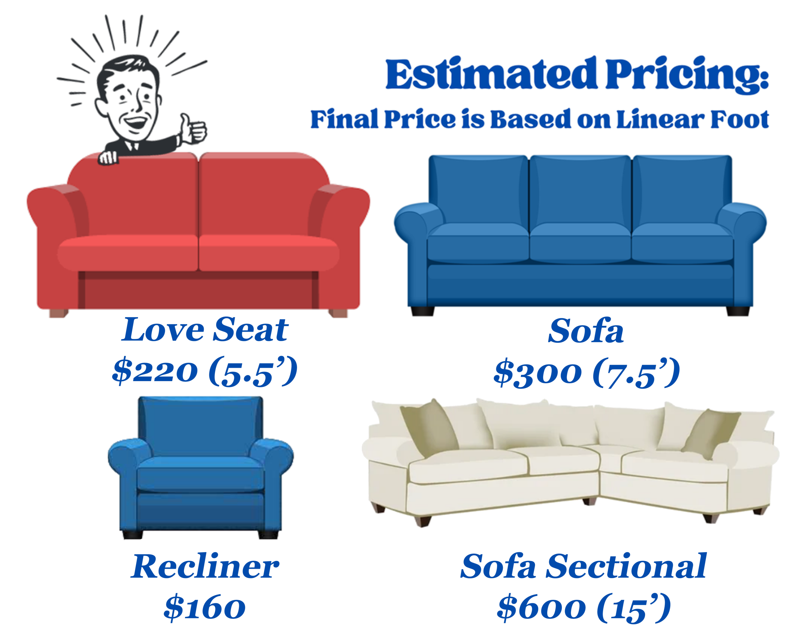 Estimated pricing chart for upholstery cleaning services including recliner, loveseat, sofa, and sectional options